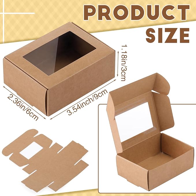 Zonon 30 Pcs Soap Boxes for Homemade Packaging, Mini Kraft Treat Boxes with Window for Bakery Candy Soap Making Gift Packaging(3.7 x 2.6 x 1.37 Inch,Brown)
