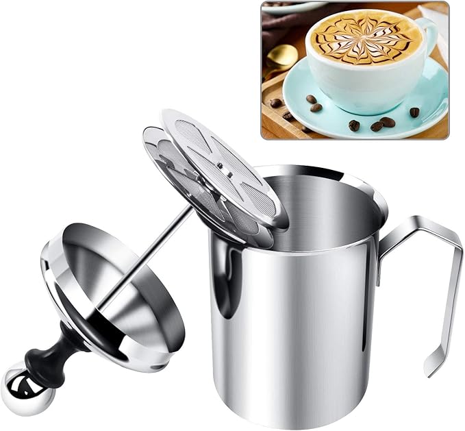 HAPTIME Manual Milk Frother Pitcher with Double Mesh Screen, Hand Frother with Pump for Cappuccino, Latte, and Coffee Foam,17-Ounce Capacity (500ml)