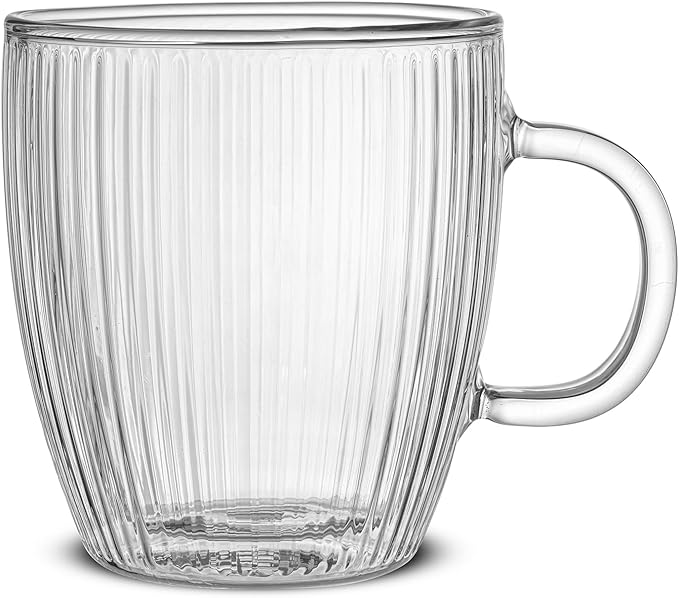 JoyJolt Fluted Glass Coffee Mugs, Double Wall Coffee Mugs. 13.5oz Clear Coffee Mug Set of 2. Latte Glasses, Glass Cappuccino Mugs, Clear Glass Coffee Mug. Ribbed Mugs