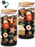 Christmas Glass, 16 Oz Winter Iced Coffee Glass with Straw and Lid, Festive Winter Theme, Perfect for Christmas and Holiday Celebration Decorations (One)