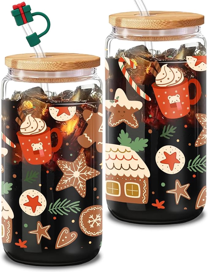 Christmas Glass, 16 Oz Winter Iced Coffee Glass with Straw and Lid, Festive Winter Theme, Perfect for Christmas and Holiday Celebration Decorations (One)