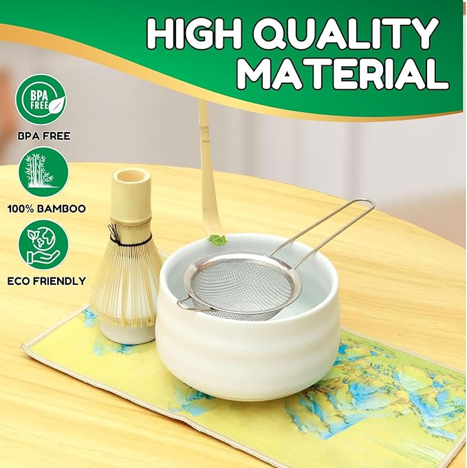 Matcha Whisk Set with Matcha Bowl, Matcha Bamboo Whisk, Scoop, Sifter, Matcha Whisk Holder Unique Gifts for Women Men Girl Friend Home Kitchen Decor Gifts for Christmas, Birthday, matcha kit