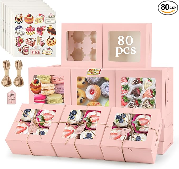 OAMCEG 80 Pack Cookie Boxes with Window, 6x6x3 Inches Pink Cupcake Boxes, Bakery Treat Boxes with Stickers & Twine for Pastry, Desserts, Strawberries, Cupcakes, Gift Giving