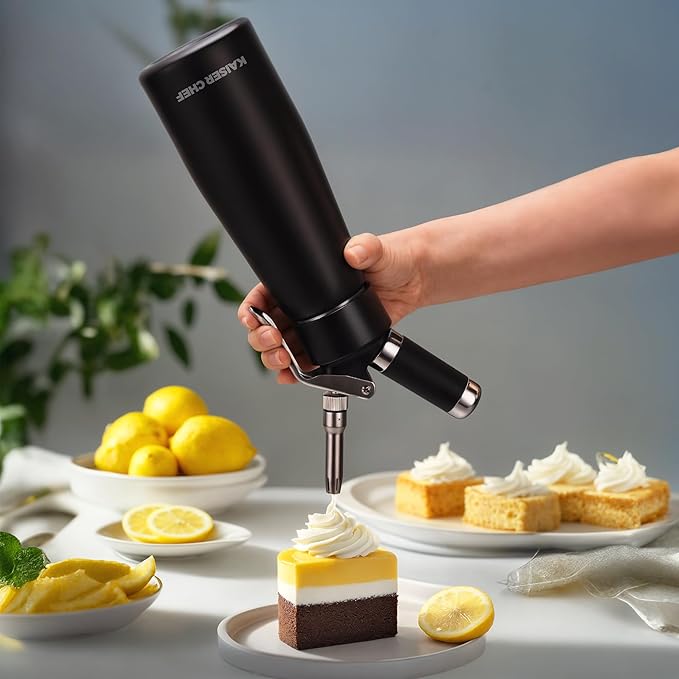 Professional Aluminum Whipped Cream Dispenser - 500 mL/1 Pint,Whipped Cream Maker Canister with 5 Decorating Nozzles & Cleaning Brush - Need To Use N2O Chargers (Not Included) (Black, 500ml)