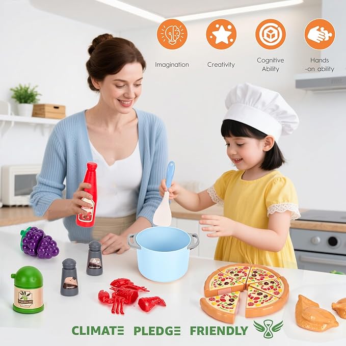 80Pcs Kitchen Playset, Toddler Pretend Cooking with Pots, Pans, Cookware, Food, Picnic Blanket, Fruits, Veges, Shopping Storage Basket, Dessert , Learning Gift for Girls Boys (Blue)