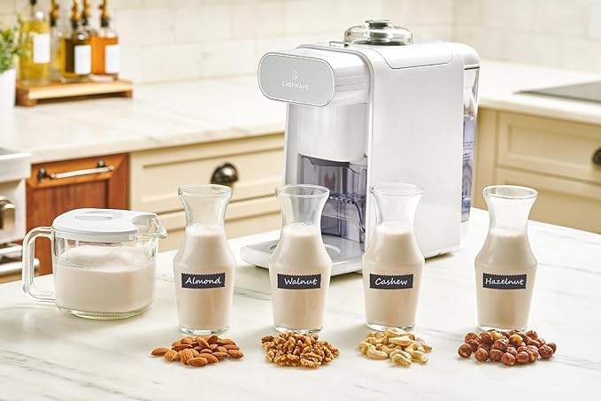 ChefWave Milkmade Non-Dairy Milk Maker – 6-in-1 Vegan Plant-Based Milk Machine with Auto Clean, Delay Start & Glass Pitcher – Almond, Oat, Soy, Cashew, Coconut, Macadamia Milk Maker & Nut Platter