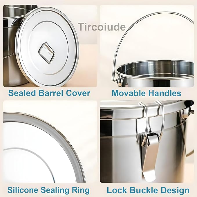 21L/5.5 Gal 304 Stainless Steel Airtight Canister for Kitchen, Metal Food Storage Containers with Lid and Sturdy Locking Clamp for Bean Flour Oil Sugar Metal Food Storage Bucket