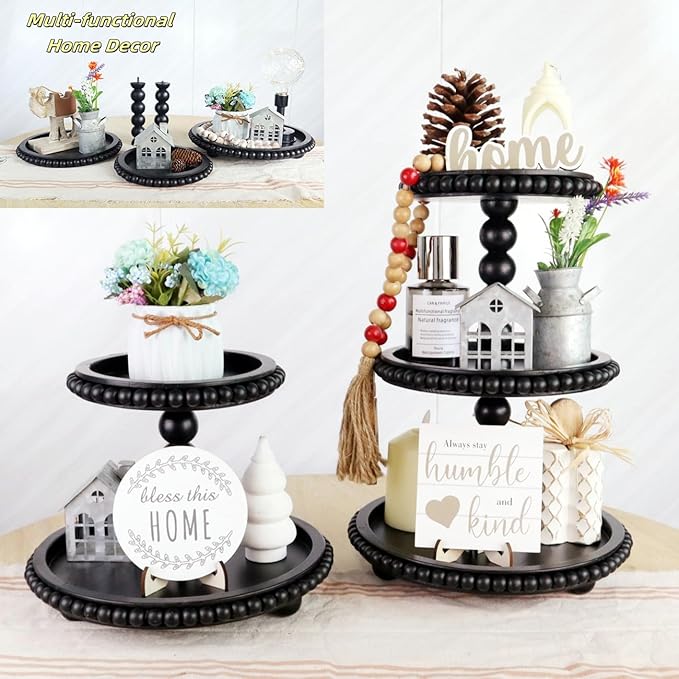 3 Tier Serving Tray， Wood Cupcake Stand，3 Tier Cupcake Stand，Tiered Tray Stand，Wooden Tiered Tray Stand，Suitable for Weddings/Birthdays/Dinners，（Black）.