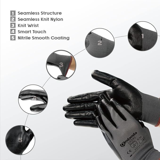 ANDANDA 12 Pairs Work Gloves, Smart Touch, 3D Comfort Stretch Fit, Nitrile Coated, Men Work Gloves with Grip, Seamless Knit Nylon, Suitable for Warehousing, Logistics, Handling, Black（L）