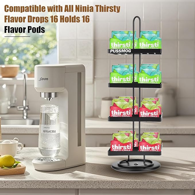 16 Flavor Pods Storage Holder, Turntable 360° 4-tier Flavored Water Drops Organiser,Compatible with Ninja Thirsti Drink System,360° Rotating Storage Rack for Ninja Thirsti Soda Maker WC2002