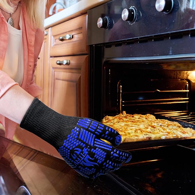 BBQ Gloves, Oven Gloves, Extreme Heat Resistant Barbecue Gloves, Silicone Non-Slip Oven Mitts, Kitchen Gloves for Cooking, Grilling, and Baking (Blue)