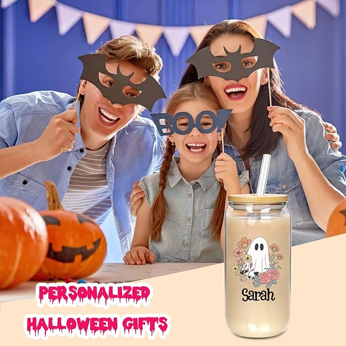 Personalized Halloween Tumbler- Boo Basket Stuffers - Can Shaped Glass with Lids and Straws18OZ -Cute Halloween Gifts for Boys Girls Kids Son Daughter