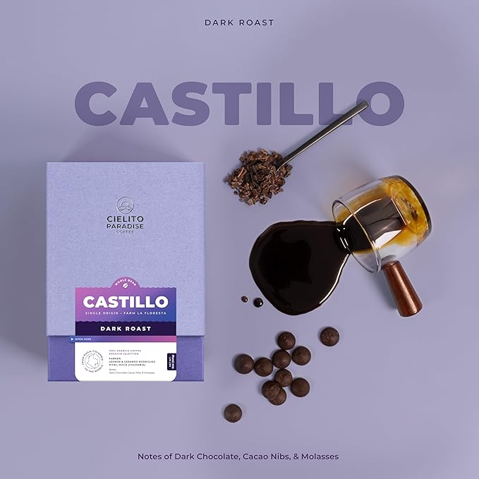 Premium Dark Roast Coffee - Cielito Paradise Castillo Whole Bean, Single Origin from Huila Colombia, Rich Notes of Chocolate & Molasses, 12oz