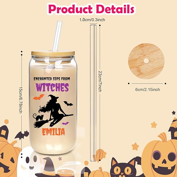 Personalized Halloween Tumbler for Witches-Boo Basket Stuffers- Can Shaped Glass with Lids and Straws18OZ -Halloween Gifts for Women Kids Daughter