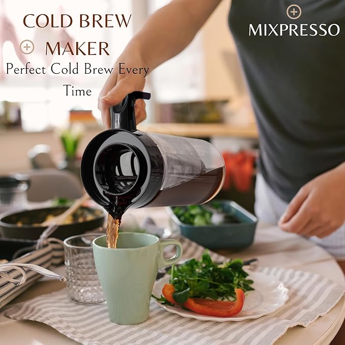 Mixpresso Cold Brew Maker For Iced Coffee and Iced Tea, Cold Coffee Maker Glass Pitcher, Tea Infuser For Loose Leaf Tea, 44oz Large Ice Tea Brewer with Easy to Clean Reusable Mesh Filter.