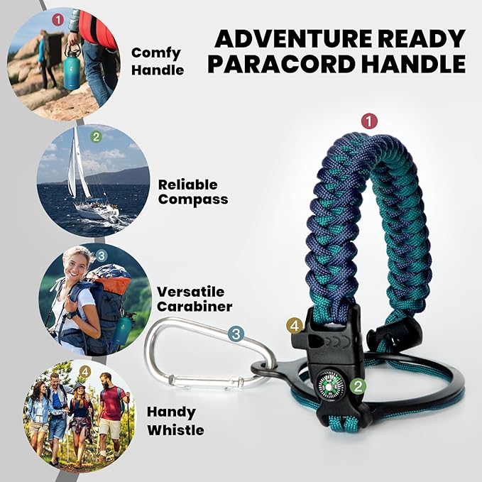 Insulated Water Bottle 64 oz, Triple Wall Vacuum Stainless Steel (Cold for 48 Hrs), Leak Proof & Non-BPA, Half Gallon Water Flask Jug with Paracord Handle & Straw Spout Lids, Cyan Blue