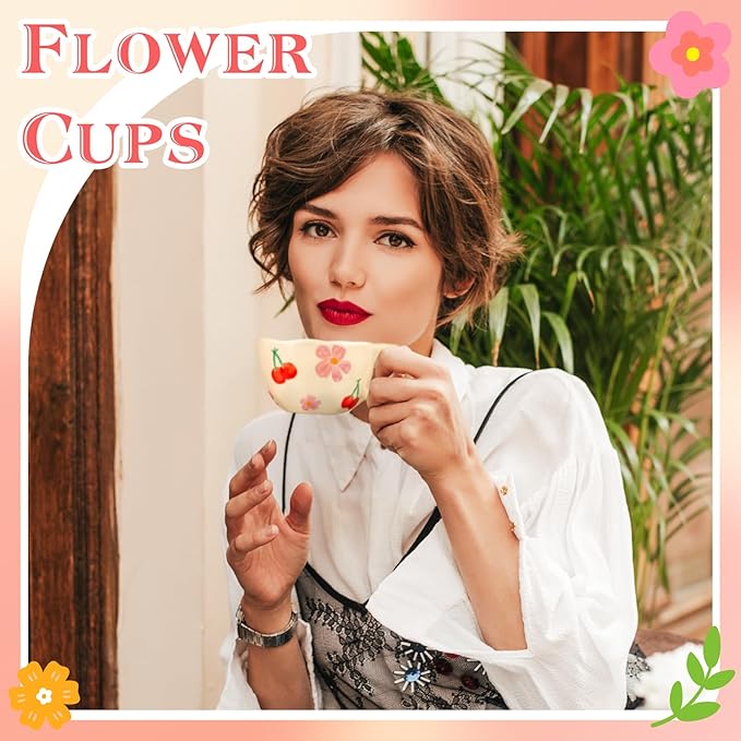 Ceramic Coffee Mug Vintage Flower Mugs 8 oz Cute Floral Coffee Mugs Irregular Latte Art Cup Lead-free Porcelain Cups for Cappuccino, Cocoa (2 Pcs Pink Cherry)