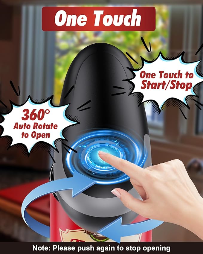 One Touch Electric Can Opener Fits All Can Sizes, Electric Can Openers for Kitchen Food Safe with Smooth Edge, Kitchen Gadgets Automatic Can Opener for Seniors, Arthritis and Chef（Black)