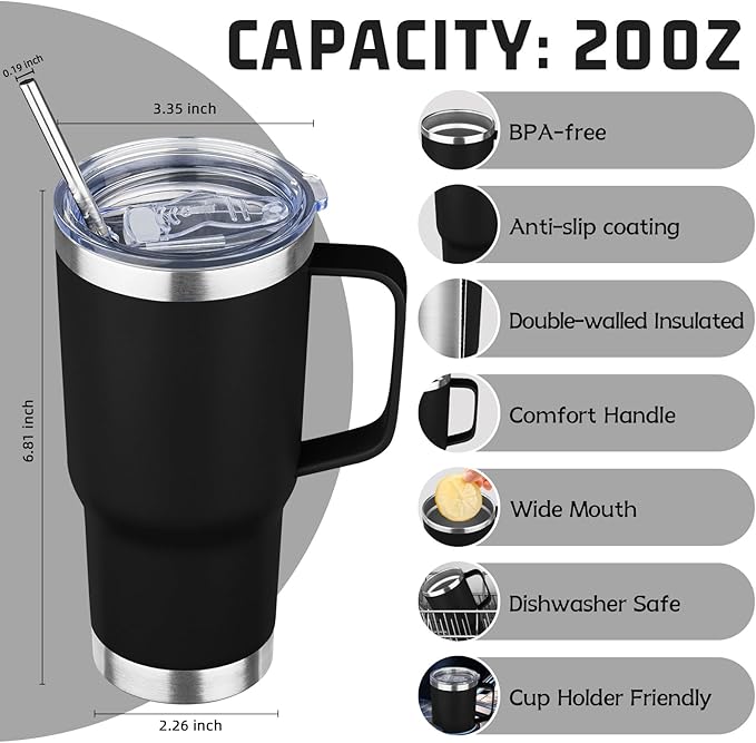 20 oz Tumbler with Handle Stainless Steel Insulated Coffee Mug Tumbler with Lid and Straw Double Wall Vacuum Insulated Coffee Mug Leak Proof Travel Mug Tumbler for Hot and Cold Drink (Black,8pack)