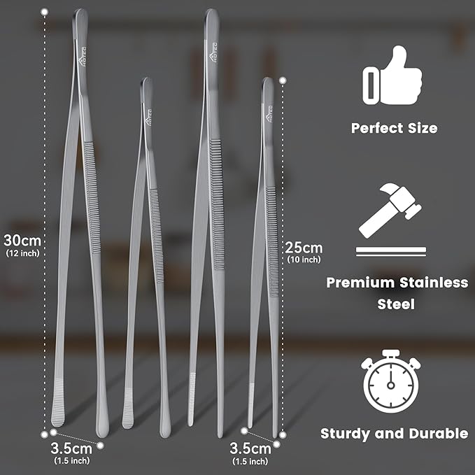 HOTEC Kitchen Tweezers Tongs Stainless Steel, Set of 4-10" and 12inch Extra-Long Food Tweezers Fine Kitchen Tongs for Cooking,Grill and Baking