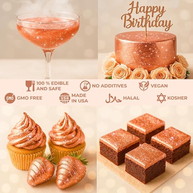 Bulk (20g) Rose Gold Edible Glitter for Drinks Edible Glitter for Cakes, Drink Glitter Brew Glitter Rose Gold Edible Glitter Cake Decorations Edible Rose Gold Glitter for Strawberries Cocktail Glitter