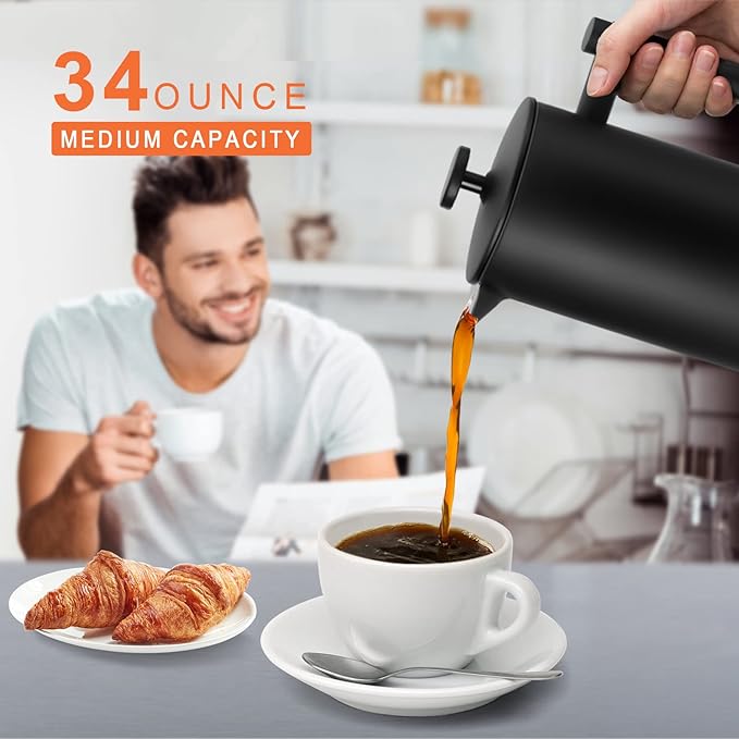 Secura French Press Coffee Maker with 3-Layer Stainless Steel Filter, 34 oz Black, Double-Walled Insulated Design with 2 Extra Filters