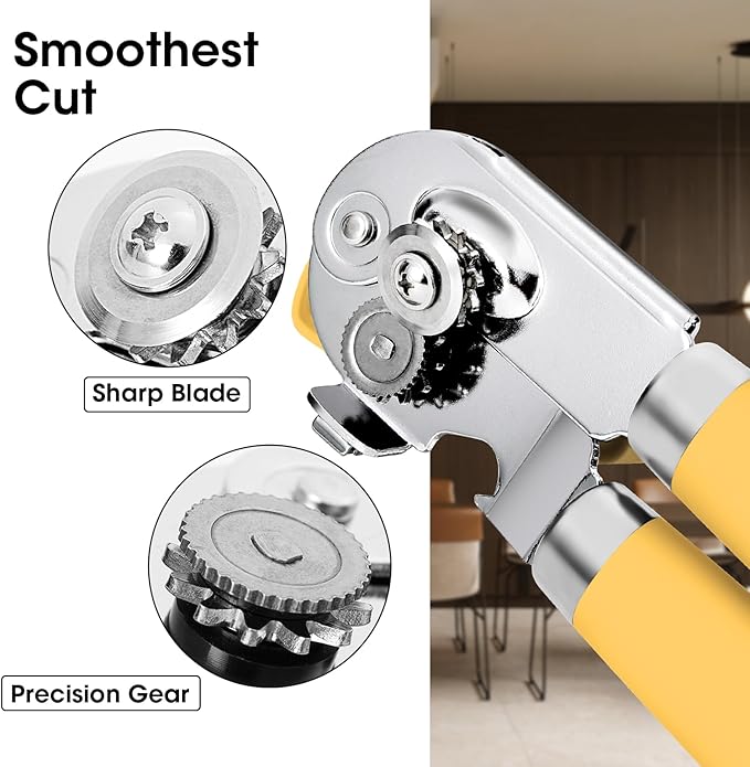 Beneno Can Opener Manual with Magnet, Hand Held Heavy Duty Can Opener with Durable Sharp Blade Smooth Edge, Big Effort-Saving Knob, Soft Grip Rubber Handle, Multifunctional Bottle Opener, Yellow