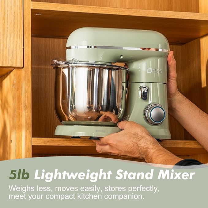 Kitchen in the Box Stand Mixer, 3.5 QT Small Electric Kitchen Mixer, 10-Speed Portable Lightweight Food Mixer with Stainless Steel Bowl, Egg Whisk, Dough Hook, Beater (Sage Green)