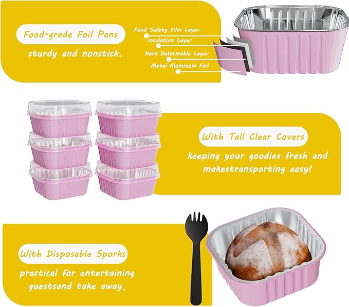 25 Pack Square Mini Cake Pans with Lids,Mini Loaf Pans with Lids,Aluminum Foil Baking Cups,Disposable Ramekins Cupcake Cups,Dessert Cups for Wedding Birthday Party Picnics,5oz (Pink)