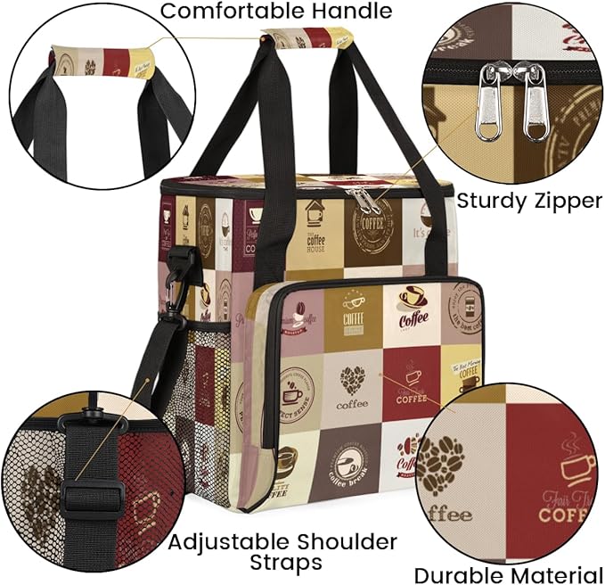 Set of Coffee Icons Maker Carring Bag Travel Carrying Storage Tote Compatible with Keurig K-Mini or Plus Portable Single Serve Brewer Case Pockets for K-cup Pods