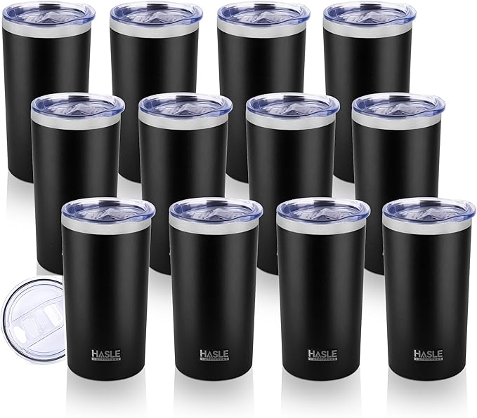 HASLE OUTFITTERS 12oz Skinny Tumbler Bulk, Slim Tumblers Set with Lid, Double Wall Stainless Steel Insulated Travel Coffee Mug, Durable Powder Coated Travel Water Cup(Black, 12)