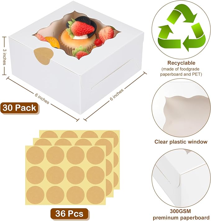 Colovis 30 Pcs White Bakery Boxes with Window, 6 X 6 X 3 Inches, White Paperboard Treat Boxes for Cookies, Pastry, Cookies, Strawberries, Macarons