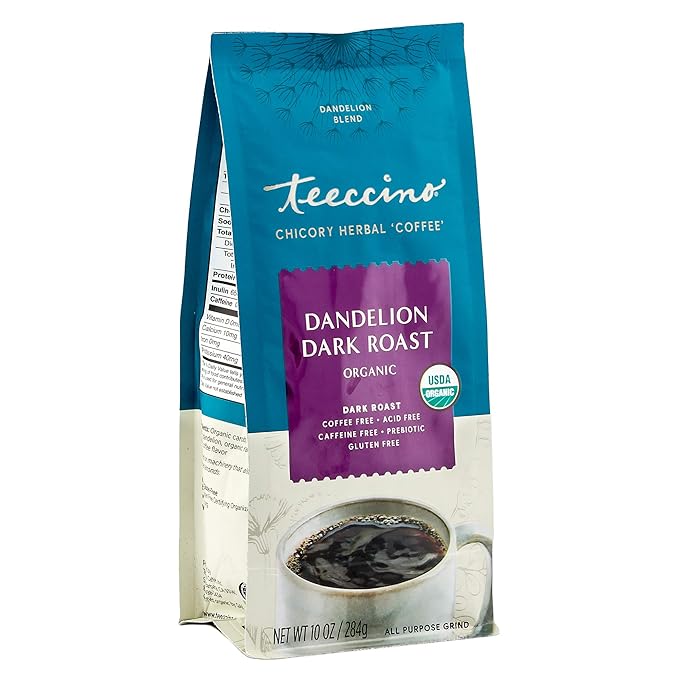 Teeccino Dandelion Dark Roast Herbal Coffee - Caffeine-Free Coffee Alternative with Prebiotics, Gluten Free, Acid Free, Organic - 10 oz (Pack of 3)