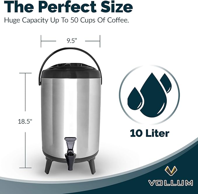 Stainless Steel Insulated Beverage Dispenser – Insulated Thermal Hot and Cold Coffee Carafe – 8 Liter Drink Dispenser with Spigot for Hot Water, Tea & Coffee, Cold Milk, Juice & More BLACK