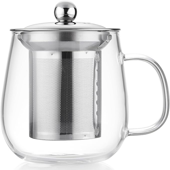 Glass Tea Cup with Infuser and Lid, 17.6oz/520ml Large Borosilicate Glass Teacup with Stailess Steel Filter, Clear Mug for Loose Leaf Blooming Tea, Dishwasher Safe - Tea Maker Gift