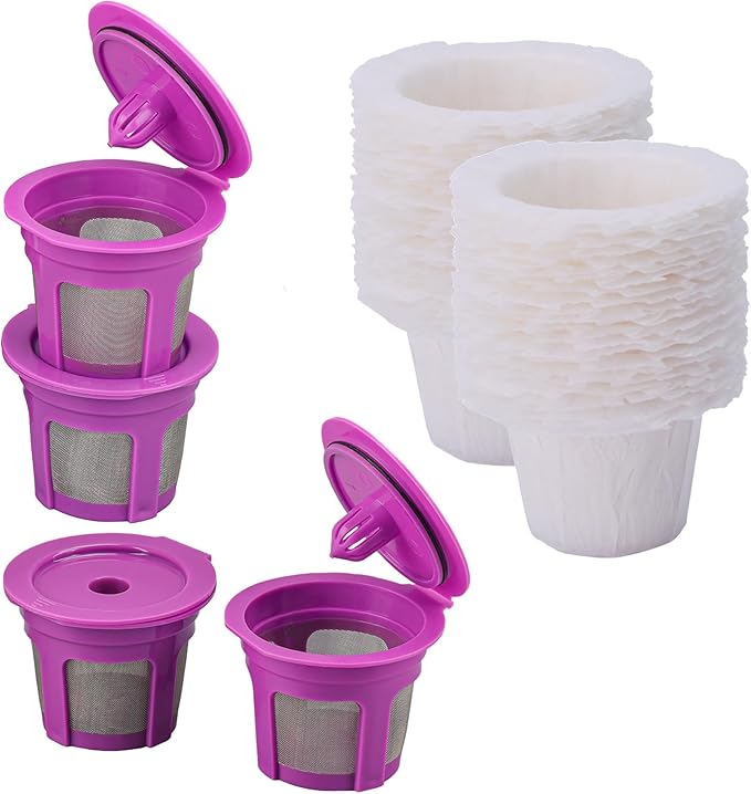 4 Pack Reusable K Cup Coffee Pods with 100 Count Disposable Coffee Paper Filters,Compatible with Keurig Single Serve Coffee Maker 2.0 & 1.0