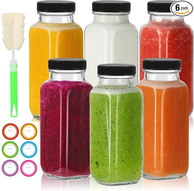 8 oz Glass Juice Bottles with Lids 6 Pack,Reusable Glass Drink Bottles,250ml Water Drinking Jars for Milk,Juicing,Kombucha,Ginger,Beverage Glassware,Juice Drinking Jars