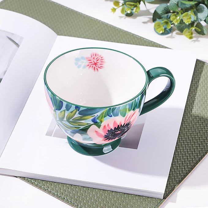 Vintage Flower Mugs – Large Ceramic Coffee Mug (15oz) – Cute Cereal Cup for Breakfast, Oatmeal Tea & Hot Drinks – Handmade Ceramic Cup with Floral Design