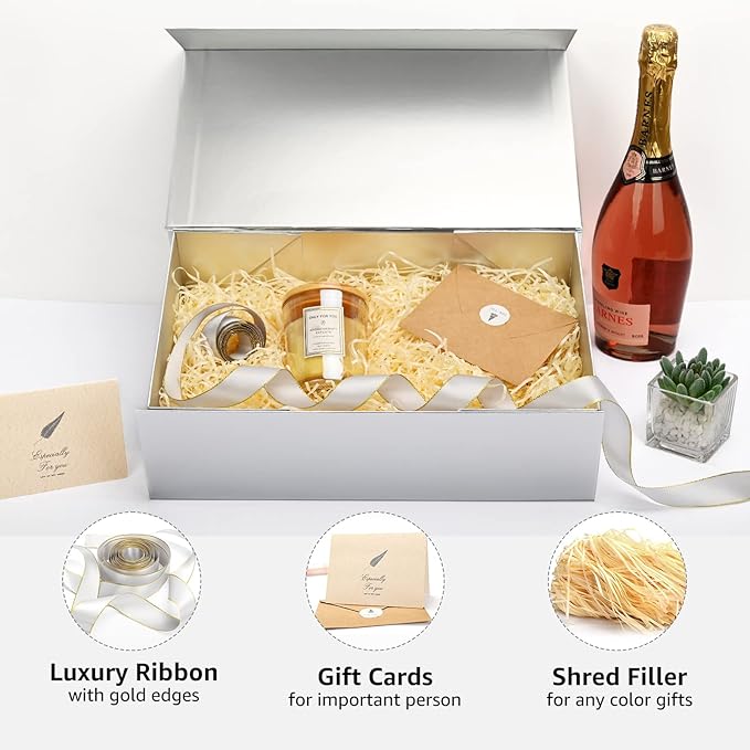 LIFELUM Large Gift Boxes with Lids,2 Pack 13.85 x 8.35 x 4.45 inch Silver Gift Boxes with Ribbon, Card, Shredded Paper Filler Gift Boxes for Presents,Graduation,Christmas,Birthdays