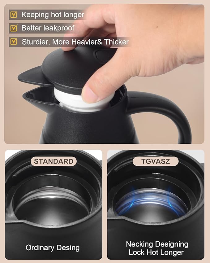 70 oz Thermal Coffee Carafe for keeping hot, Updated Airpot dispener, Insulated Stainless Steel Vacuum Thermal Pot for Coffee, Hot Water,Keep Hot 12 Hours (black/black)