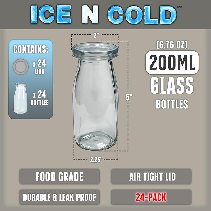 6.76 oz / 200ml Vintage Glass Bottle with Leakproof Clear Lid, Reusable & Eco-Friendly – Ideal for Milk, Juices, Smoothies, Infused Water, BPA-Free Glass Bottle (24-Pack)