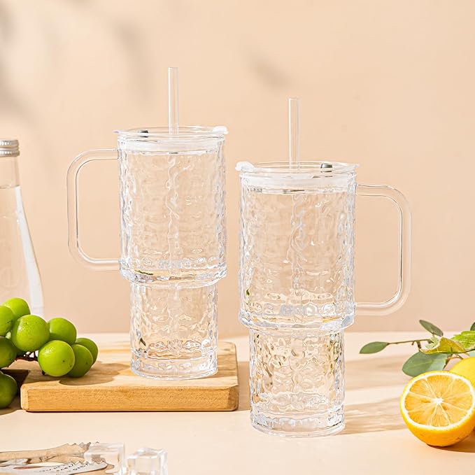 26oz Water Ripple Glass Tumbler with Handle & Lid, Reusable Iced Coffee Cups with Straws – Set of 2, Glass Cups for Smoothies, Juice, Coffee, Tea – Travel Mugs for Daily Use and To-Go