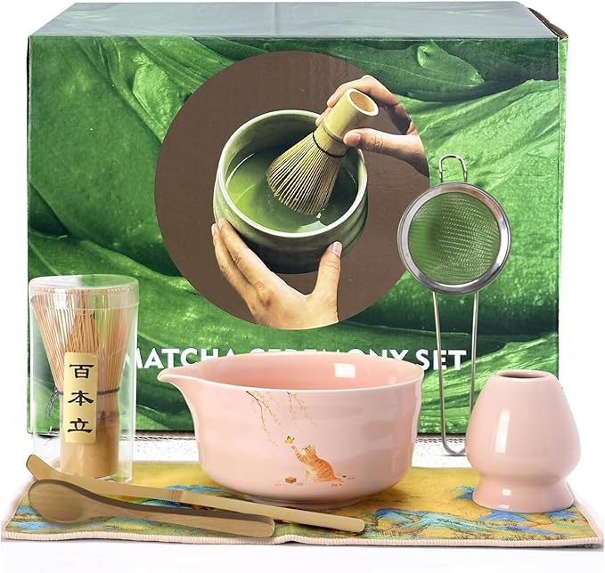 Matcha Whisk Set, 7PCS Matcha Set Includes Ceramic Matcha Set Includes Matcha Bowl, Matcha Whisk and Holder, Bamboo Scoop, Scoop Rest, Sifter and Tea Towel, Gift Bag (Pink)