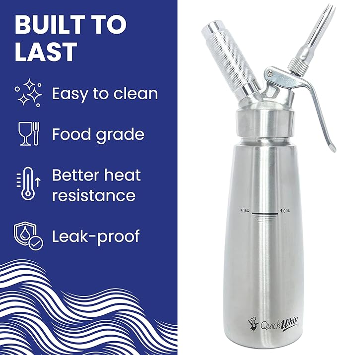 Stainless Steel Whipped Cream Dispenser, Professional Grade Whipper, Full Canister, with 3 Decorating Tip Nozzels, Ideal for Baking, Desserts, & Culinary Creations (1L)