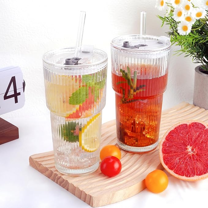 2PCS 20oz Glass Cups with Lids and Straws, Iced Coffee Cups with Lids, Stylish Ribbed Thick Drinking Glasses Tumbler for Juice, Smoothies, Cold Beverages, Cute Cup Gifts with Clean Brush