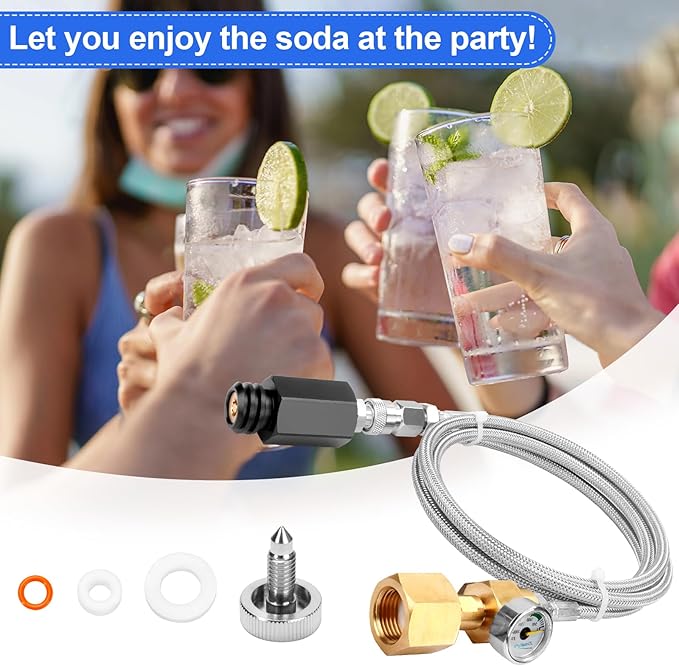 Soda Machine Co2 Adapter for Fizzi One Touch Jet Ninja Thirsti Soda Water Machine, CGA320 to TR21-4 Soda Maker 60inch Stainless Steel Hose Adapter (with Pressure Gauge）