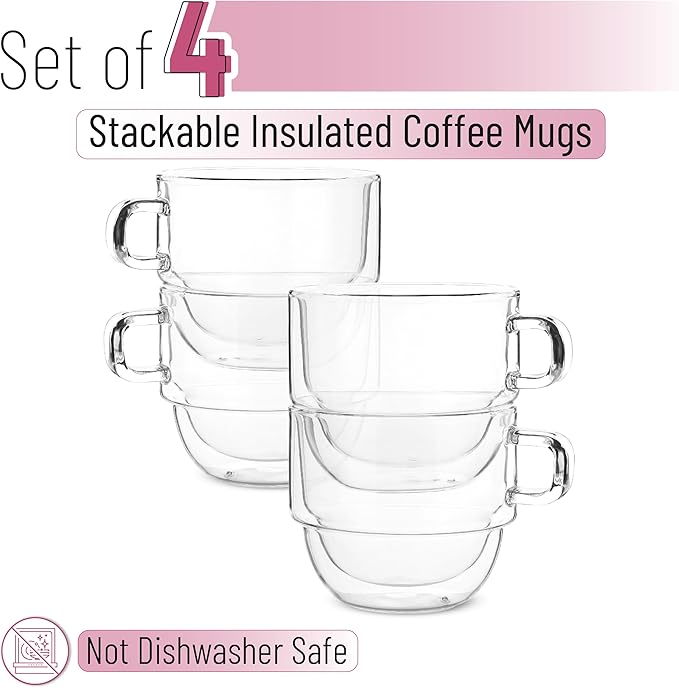 BTaT- Stackable Insulated Coffee Mugs, 4 Pack 16 oz(500 ml), Ideal for Hot and Cold Drinks, Stackable Cappuccino Cups, Double Wall Glass Coffee Cups, Tea Cups, Latte Cups, Beer Glasses, Latte Mug