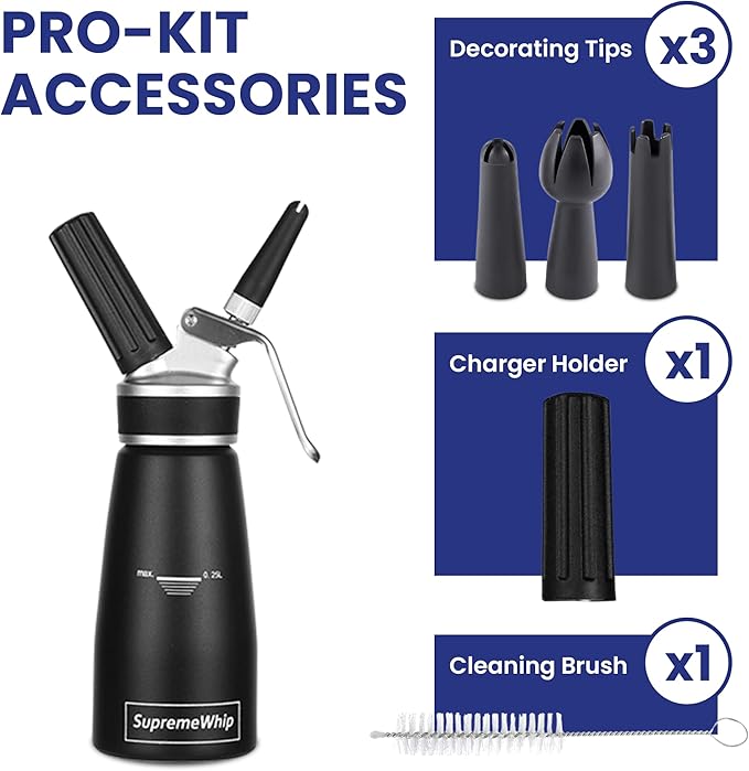 Pro Cream Dispenser, Durable High-Grip, Metal Lid with Rubber, 3 Nozzles, for Hot/Cold Use, Cleaning Brush Included, Black - 250ml/1 Pint