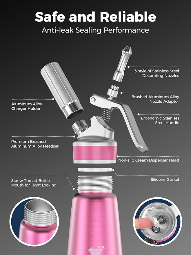 Whipped Cream Dispenser,Aluminum Cream Whipper 500mL/1 Pint,3 Decorating Nozzles,1 Brush, 1 Storage Bag,Homemade Whipped Cream Maker,Pink