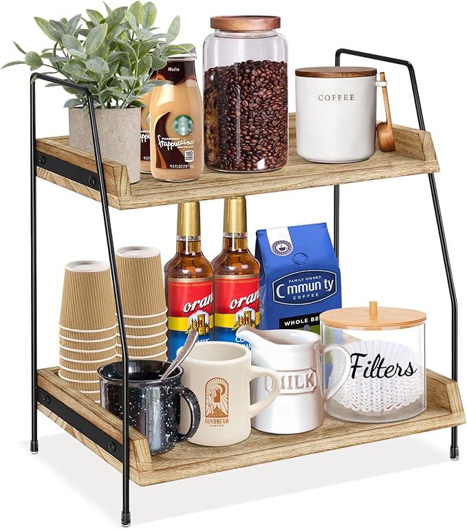 Yusepure Coffee Bar Accessories and Organizer Countertop, Coffee Station Organizer Kitchen Counter Shelf Organizer,Coffee Condiment Storage,Cup Lid Holder Countertop Shelf for Bathroom (Brown)